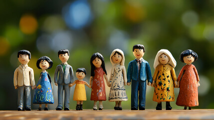 Wooden figurines depicting a diverse family standing in a row against a blurred, natural background. Symbolizes connection and heritage.