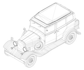 Fototapeta premium Old car wireframe model on white background, showcasing retro car design with realistic 3D structure and detailed vehicle contours.