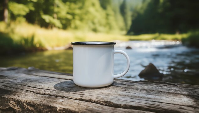White campfire mug mockup with river bank view