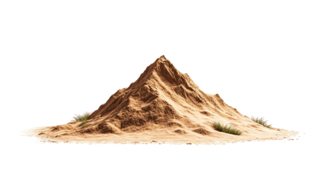 Isolated mound of light brown sand, conical shape, sits atop a small, slightly irregular, sandy base
