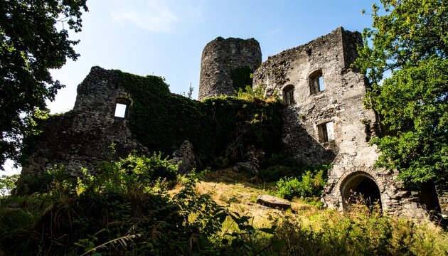 Imagen hiperrealista de un poblado minero, sin presencia humana ni elementos modernos. est&aacute;n cubiertas por densa vegetaci&oacute;n: hiedra, arbustos, musgo y ra&iacute;ces que se aferran a la piedra erosionada.