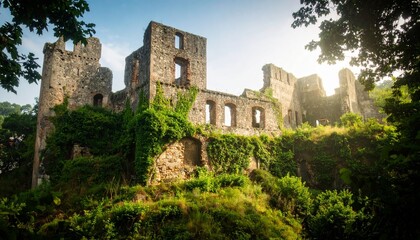 Imagen hiperrealista de un poblado minero, sin presencia humana ni elementos modernos. están cubiertas por densa vegetación: hiedra, arbustos, musgo y raíces que se aferran a la piedra erosionada.