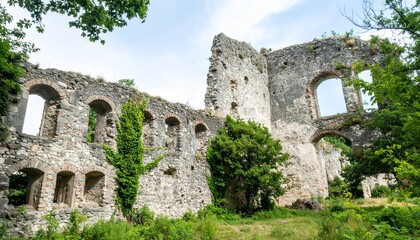 Imagen hiperrealista de un poblado minero, sin presencia humana ni elementos modernos. están cubiertas por densa vegetación: hiedra, arbustos, musgo y raíces que se aferran a la piedra erosionada.