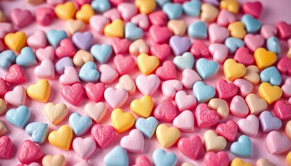 Pastel candy hearts scattered on soft background, Valentine's Day theme,  scattered,  soft