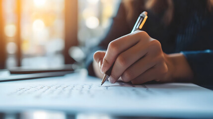 Close-up of a person writing on a paper with a pen. Focus on the hand and pen.
