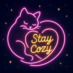 Fototapeta premium Neon cat outline that says stay cozy. Ai