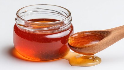 Honey in a glass jar and wooden spoon