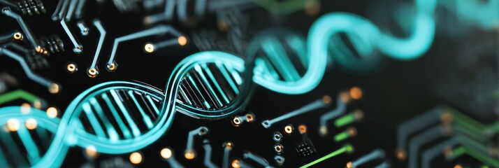 Digital DNA strands entwined with circuit board patterns, showcasing the link between biology and technology in a modern design.