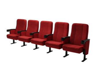 Five empty, plush red velvet cinema seats, dark armrests, meticulously arranged in a pristine high-key studio with transparent background and ample negative space, concept of future potential