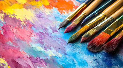 Colorful paintbrushes lying on an abstract painted surface with vibrant colors. Art supplies close up.