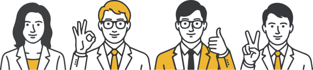 Minimalist line art illustration of four business professionals in suits making gestures, modern corporate team design in black and yellow