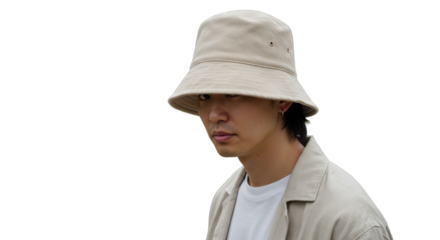 Gender-ambiguous person, neutral bucket hat, minimalist casual, obscured face, serene park, soft light, creamy bokeh. Effortless style and individuality concept.