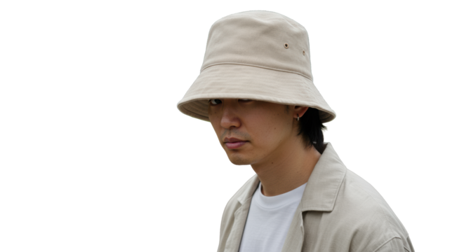 Gender-ambiguous person, neutral bucket hat, minimalist casual, obscured face, serene park, soft light, creamy bokeh. Effortless style and individuality concept.