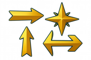 Golden arrows and star pointing multidirectional against transparent backdrop, useful for navigation, gaming, interface design elements