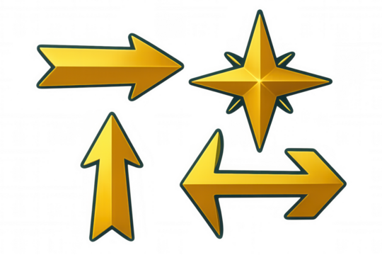Golden arrows and star pointing multidirectional against transparent backdrop, useful for navigation, gaming, interface design elements