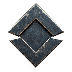 Distressed metal emblem featuring a stylized diamond shape showcasing industrial design and textured surface details for graphic design use on transparent background