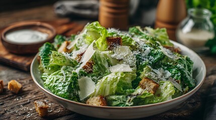 Caesar salad recipe with romaine lettuce parmesan cheese and croutons for healthy eating and lunch ideas