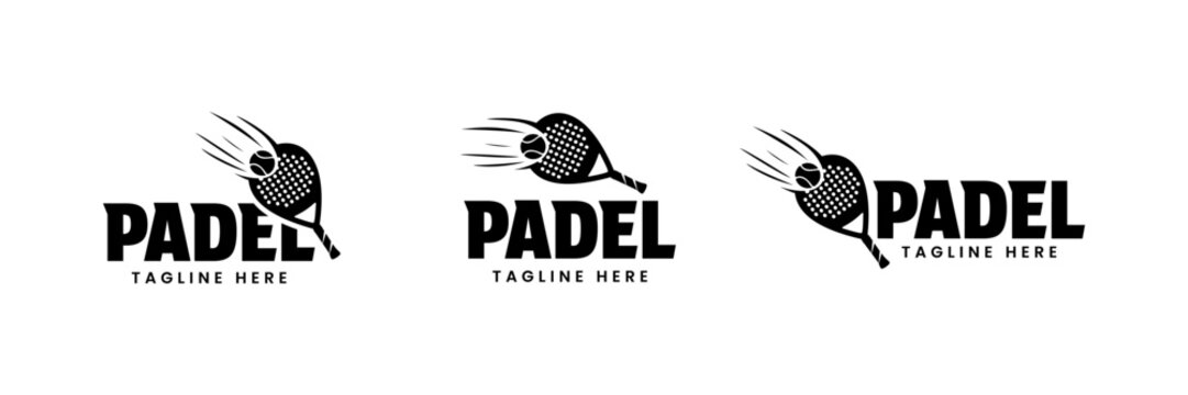Padel sports logo set. Black and White racket logos. Racket movement symbol package