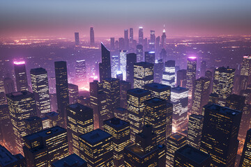 Tall buildings in the morning with fog and light from the windows. AI generated.