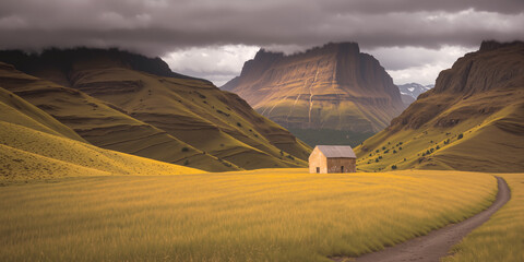 Rural grassland landscape with mountains and rain clouds in the background. AI generated.