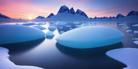 The sea and snow at dusk have beautiful sky lights. AI generated.