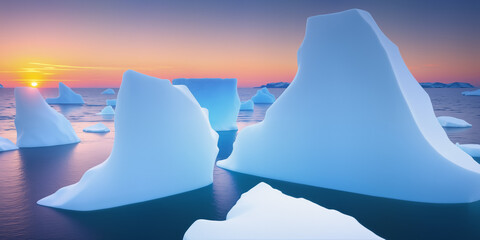 The sea and snow at dusk have beautiful sky lights. AI generated.