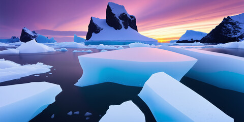 The sea and snow at dusk have beautiful sky lights. AI generated.