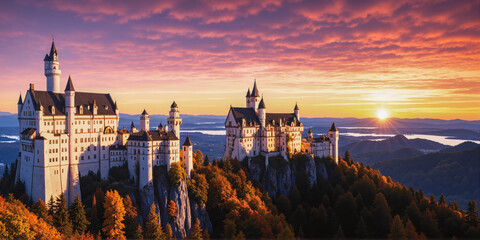 A castle on a high mountain with the evening sky as a background. AI generated.