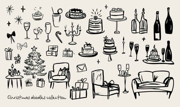 Christmas Minimalist hand drawn food and drink vector illustration. Wine, champagne glass, cheese, cake drawings for wedding invitations, menus and parties. Ink doodle sketch style - Powered by Adobe