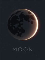 Minimalist astronomical poster with crescent moon glowing softly against the deep night sky. Timeless design for astronomy lovers and dreamers. Space beauty and cosmic silence. Vector illustration