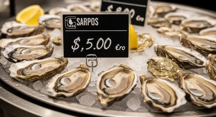 Fresh Oysters on Ice for Sale at a Seafood Market.