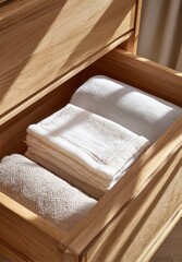 Wooden drawer filled with folded towels and linens