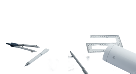 Meticulously detailed architectural plans, blueprints, engineering tools, ruler, compass, stylus on transparent studio background, precise overhead shot, concept of strategic engineering planning