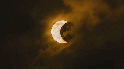 Partial solar eclipse seen through clouds. Natural and astronomical phenomenon.