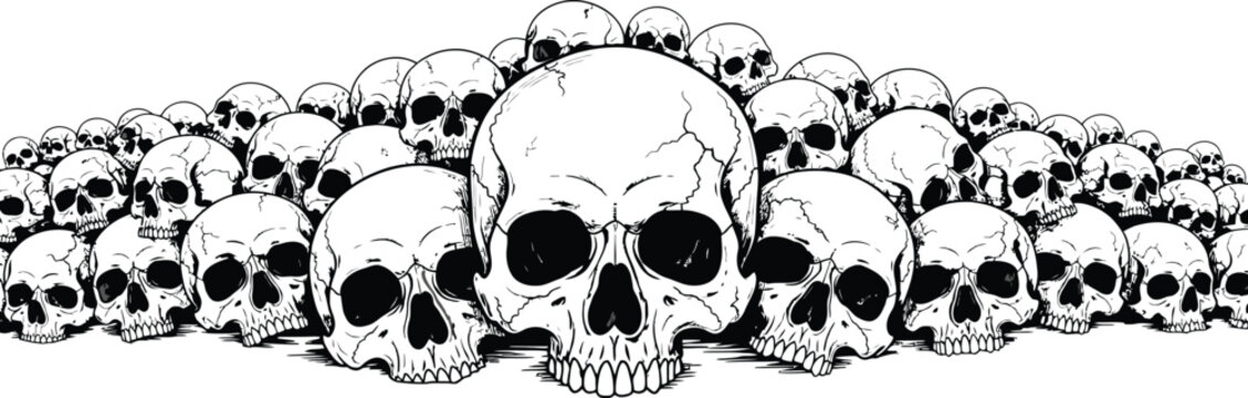 A large pile of human skulls forming a macabre crown or headdress