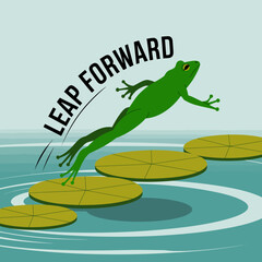 Green frog leaping forward from a lily pad across a pond symbolizing progress ambition and taking a leap of faith towards a brighter future