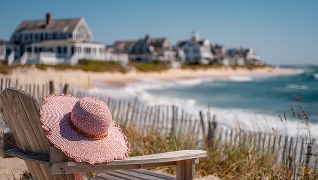 Beach scene with pink hat on chair, sandy dunes and white fences leading to elegant Nantucket homes, sunny day with calm ocean waves and bright blue sky