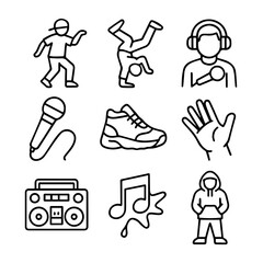 Line Art Icons Depicting Hip Hop Culture Elements and Breakdancing.