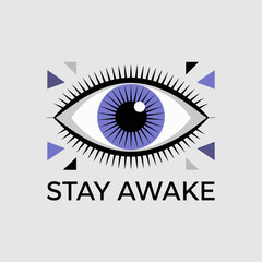 Stylized all seeing eye with purple iris and eyelashes surrounded by geometric shapes and the text stay awake on a light gray background