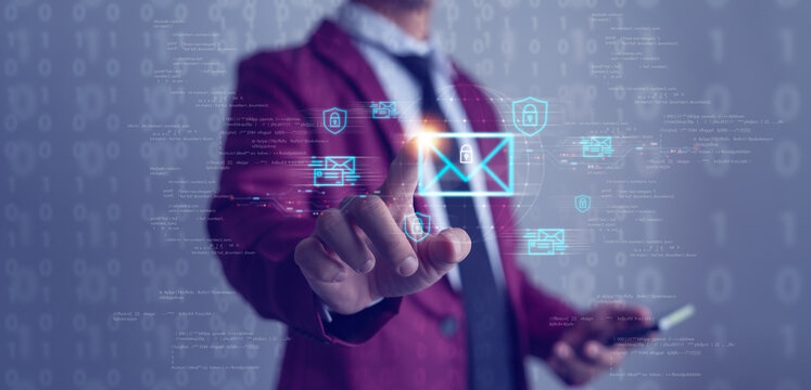 Human hand touching digital network of glowing email and lock icondigital depiction of an encrypted email icon with a lock