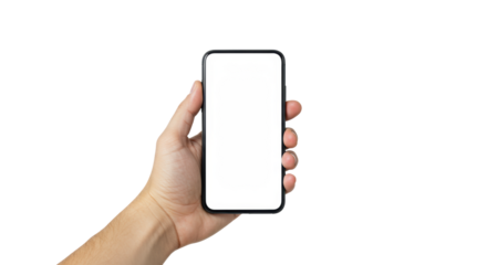 Adult hand holding modern black smartphone with blank white screen, transparent studio background, soft high-key lighting, negative space. Concept of mobile technology