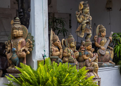 Group of anciant god sculpture statues in the display in Sri lanka