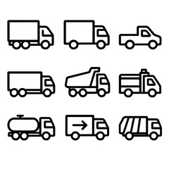 Outlined Truck Icons Representing Various Transportation and Delivery Vehicles.