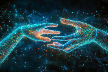 Glowing abstract hands reaching to form digital connection with bright light particles.