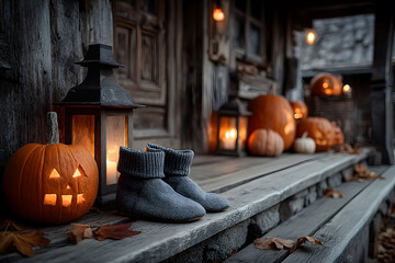 Obraz premium Cozy Autumn Porch with Jack-o'-Lanterns and Lantern Lighting for Halloween Decor Inspiration