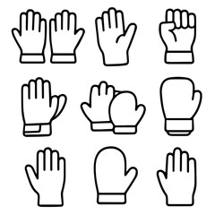Various Hand Gestures and Protective Gloves Outlined in Bold Black Lines.