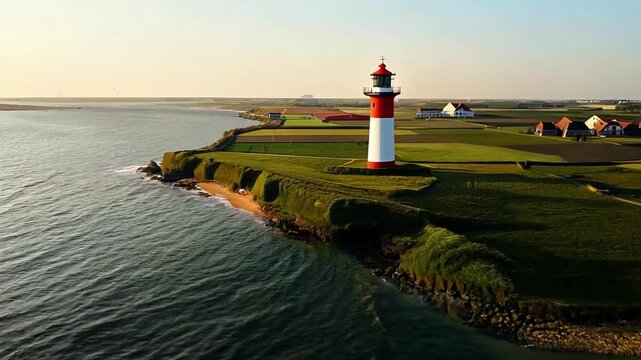 A red and white lighthouse stands on a grassy cliff overlooking the sea, with fields and buildings in the background under a bright sky.