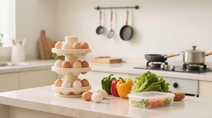 Modern Kitchen with Cooking Ingredients, Eggs, and Vegetables, Healthy Living Background