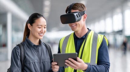 Asian woman and Caucasian man wearing virtual reality headset and safety vest, engaging with tablet in modern airport terminal, showcasing innovative technology and collaboration