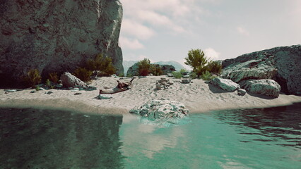 Fototapeta premium A serene shoreline features smooth pebbles and lush greenery under a blue sky. The calm waters reflect the rocky cliffs, creating a picturesque landscape inviting exploration.